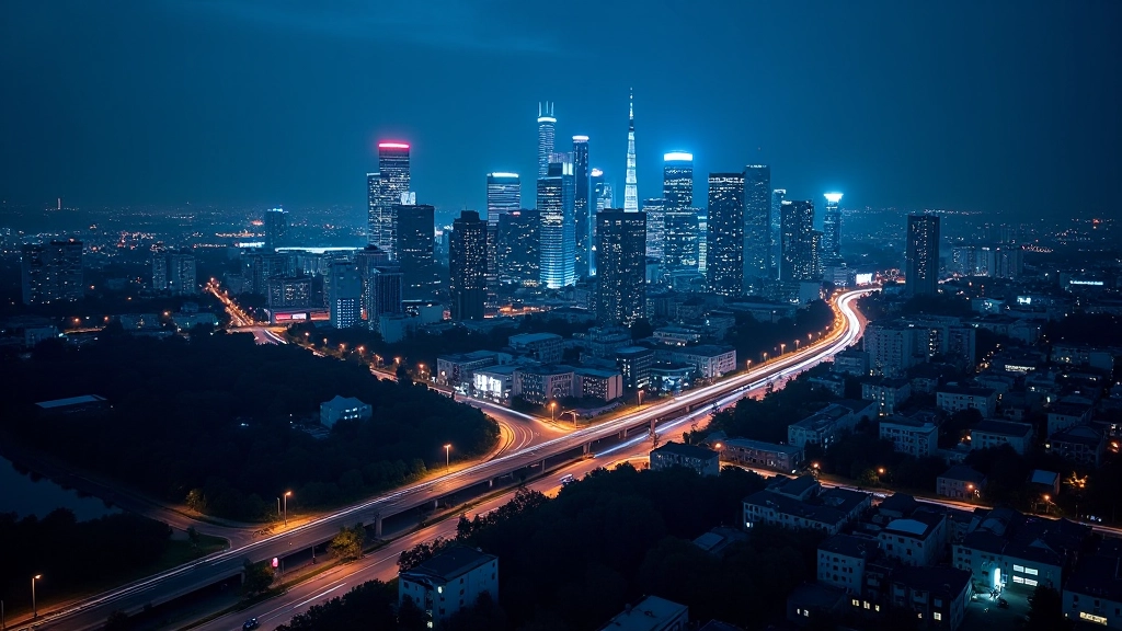 Moderns pilsētas skyline ar gaismu efektiem un IoT ikonām naktī