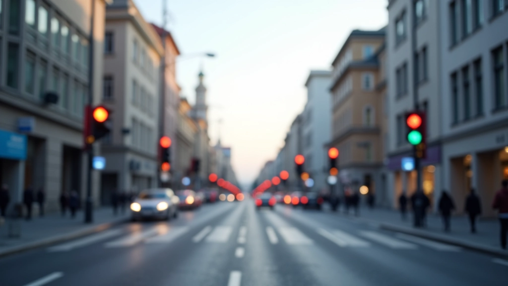 Rīgas pilsētas iela ar dažādu sensoru sistēmām un viedu gaismu, parādot modernās infrastruktūras integrāciju