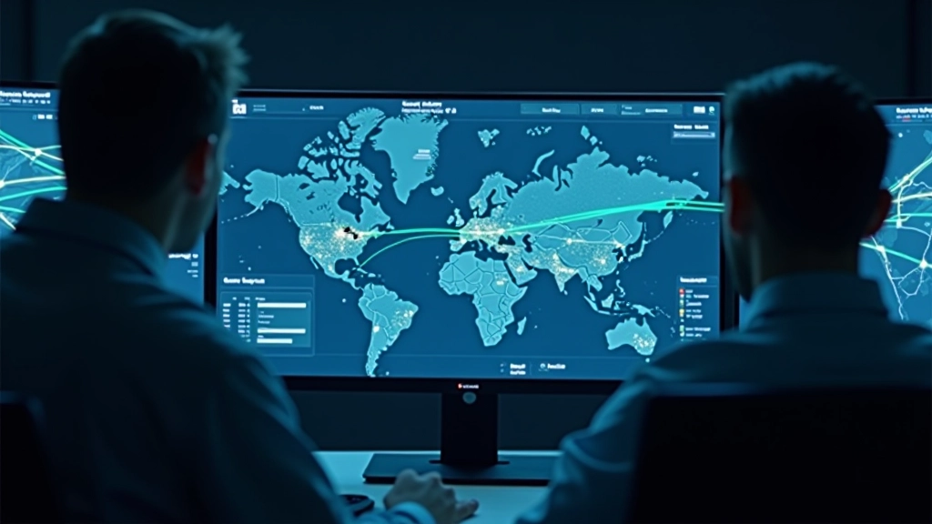 Moderns transporta vadības sistēmas attēls ar datorekrānu, kurā redzama pilsētas karte ar transporta plūsmu