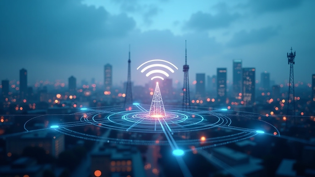 Tiešsaistes attēls parāda dažādus bezvadu protokolus — WiFi, LoRaWAN, 5G — ar dažādiem krāsu kodiem